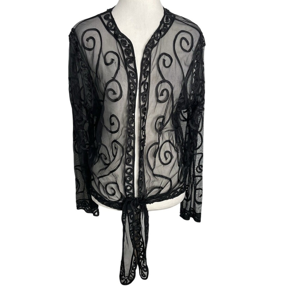 Chicos Black Tie Front Sheer Swirl Embroidered Top Topper Formal Whimsy Sz 3 L